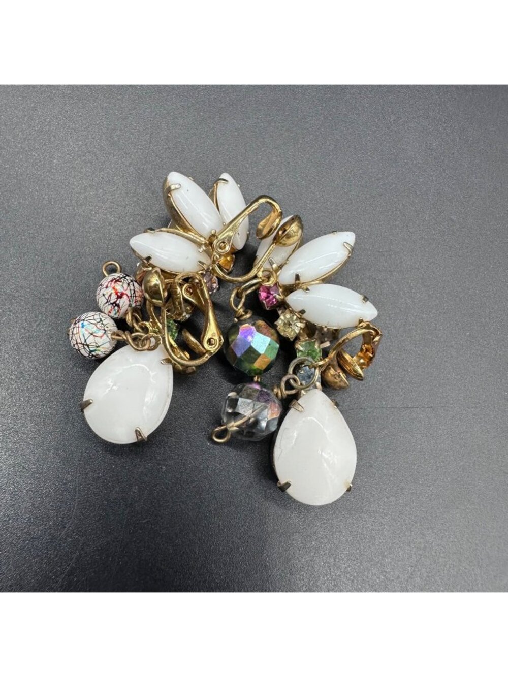 Vintage Clip On Earrings Lot Dangle Drop Mid Century Beads Rhinestones 3 Pairs